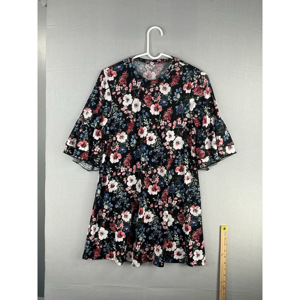 By Trinity Me Women's Floral Dress Size S Black Pink Blue Short Sleeve